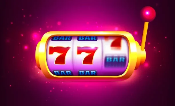 গোলাপি আলোয় ‘7’ ও ‘BAR’ চিহ্নযুক্ত একটি স্লট মেশিনের চিত্র